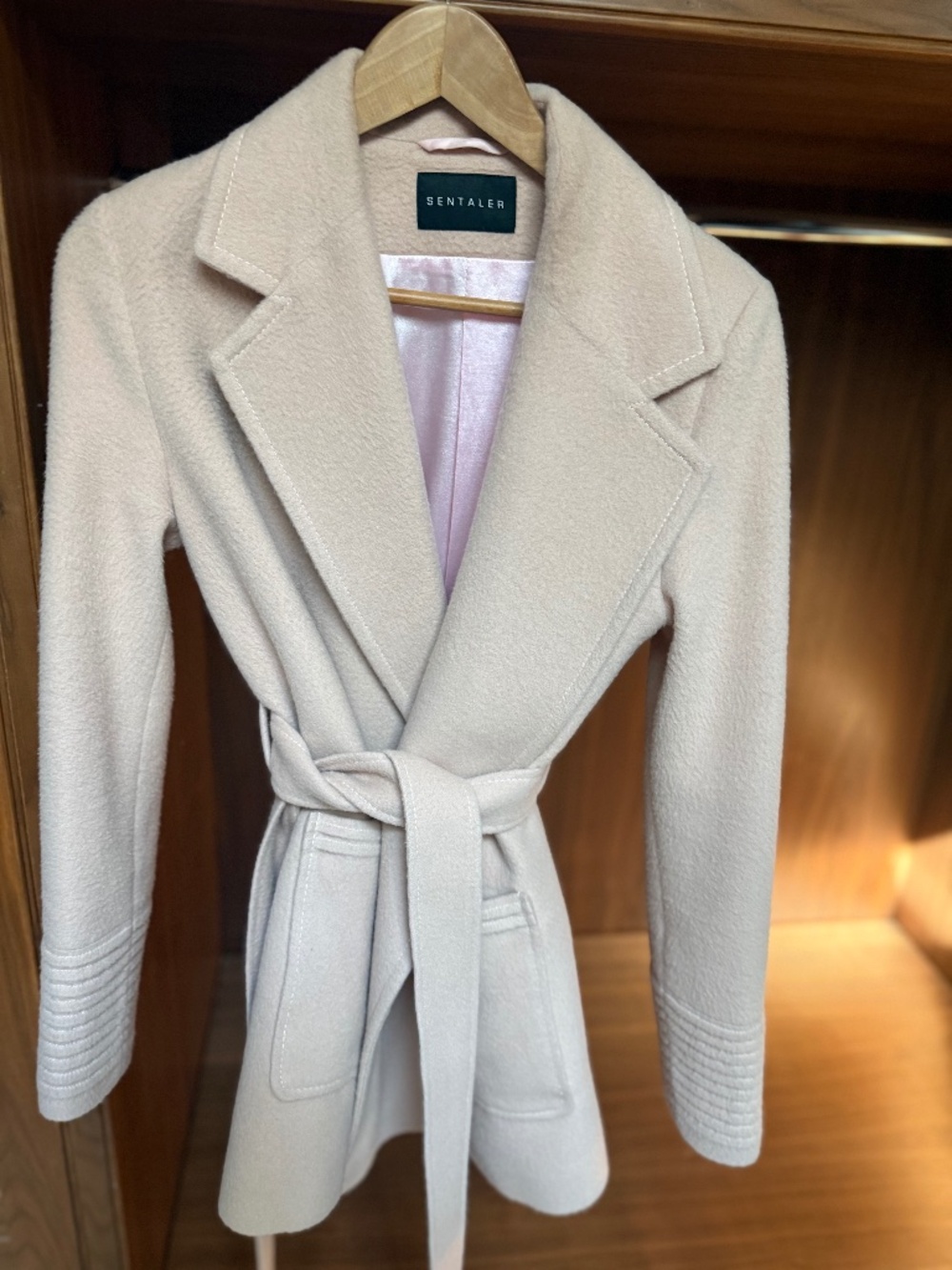 SENTALER Blush Pink Alpaca Belted Wrap Coat XS | Signature Ribbed Cuffs